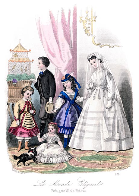 Robe en taffetas gris et toilette de ville, gravure du Monde élégant  - Gravure  reproduite puis restaurée par © Norbert Pousseur