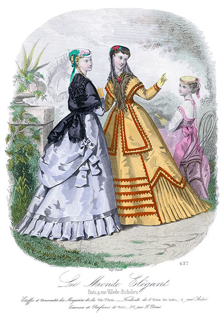 Robe en sultane garnie et deux autres en taffetas, gravure du Monde élégant  - Gravure  reproduite puis restaurée par © Norbert Pousseur