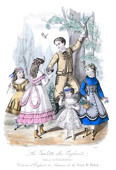 Costume de petite fille et quatre autres costumes d'enfant, gravure du Monde élégant  - Gravure  reproduite puis restaurée par © Norbert Pousseur