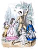 Costume de petite fille et quatre autres costumes d'enfant, gravure du Monde élégant  - Reproduction © Norbert Pousseur