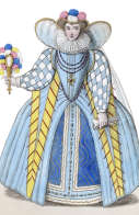 Zoom sur Elisabeth d'Autriche, reine de France, en costume à vertugadin, gravure reproduite puis restaurée numériquement par © Norbert Pousseur