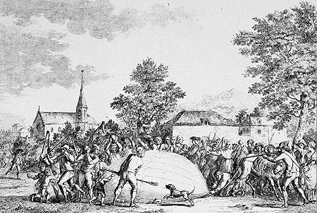 Alarme à Gonesse par la descente du premier ballon, gravure reproduite par Norbert Pousseur