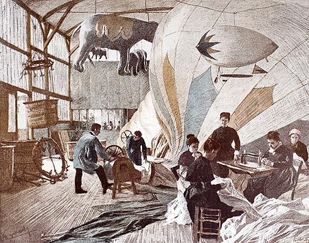 Atelier de construction d'aérostats à Paris, par de Myrbach, reproduction Norbert Pousseur