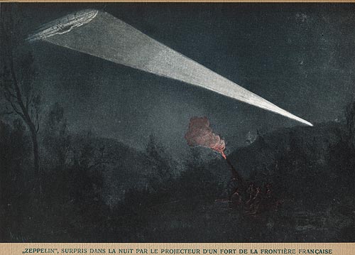 Zeppelin durant la guerre 14-18, gravure de Malfroy, reproduction Norbert Pousseur